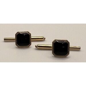 Mens Vintage Gold Tone Black Square Cufflinks Spring Loaded Retractable‎ Bar
